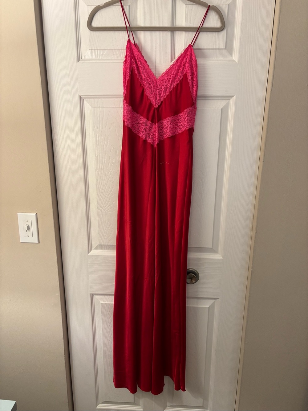 LoveShackFancy Serita-Style Silk Slip Maxi Dress Red Pink Lace S - Picture 4 of 5